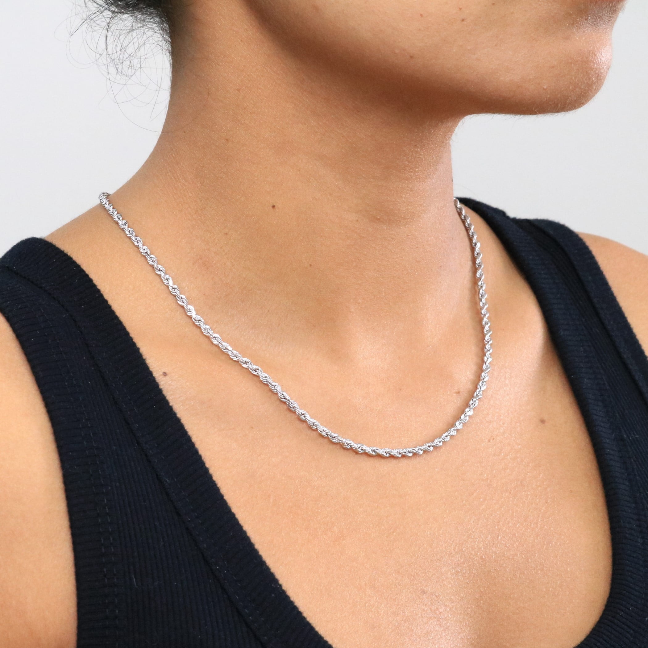 Nuragold 10k Real White Gold 3mm Rope Chain Diamond Cut Necklace (16"-30") Italian Jewelry for Men & Women