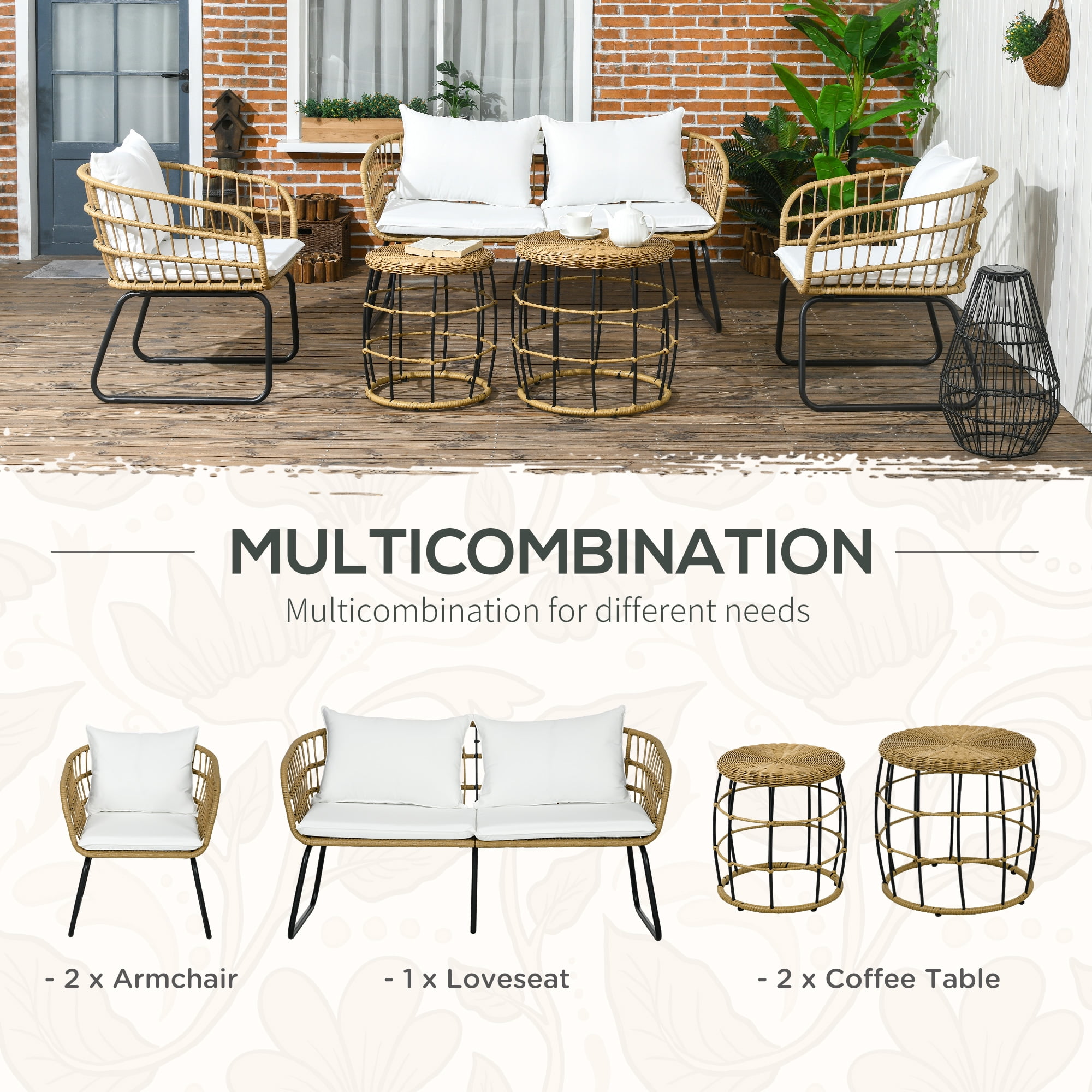 Outsunny 5 Piece PE Rattan Outdoor Furniture Set w/ Stacking Tables, White