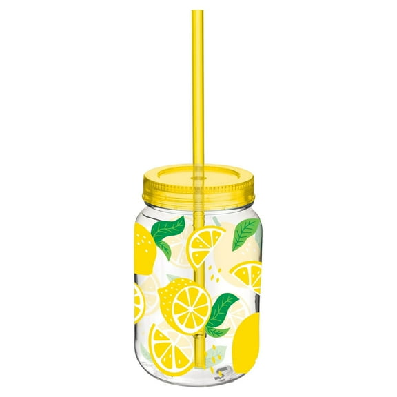 Summer Lemon Plastic Mason Cup with Straw, 1ct