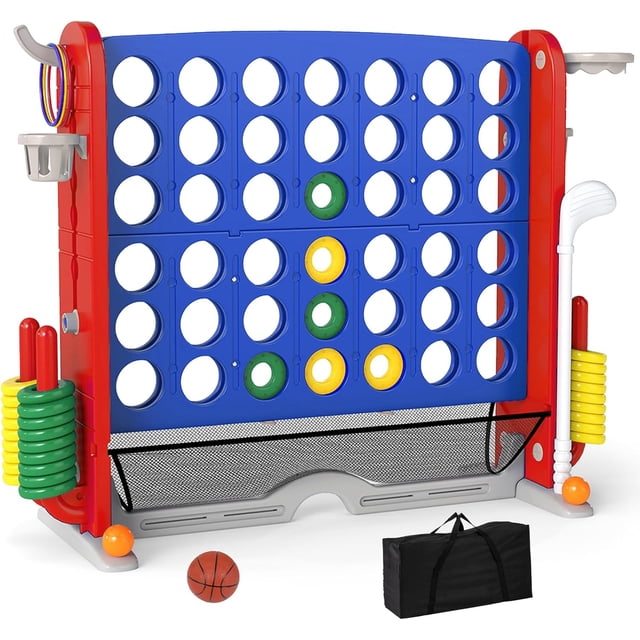 OLAKIDS Jeu Géant 4 en Ligne avec Réglage de la Hauteur, 4 Jeux à Marquer pour le Plaisir Intérieur Extérieur avec Filet en Maille, Sac de Rangement, Golf, Panier de Basketball, Lancer de Anneaux pour Enfants Adultes