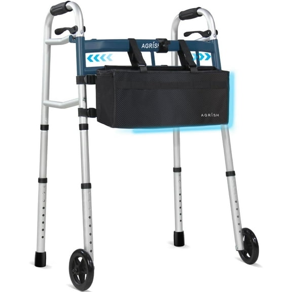 Agrish Standard Narrow Folding Walker with 5" Wheels - 6 Adjustable Widths, 350 lb Capacity, Blue | Lightweight Aluminum Frame & Storage Bag for Seniors
