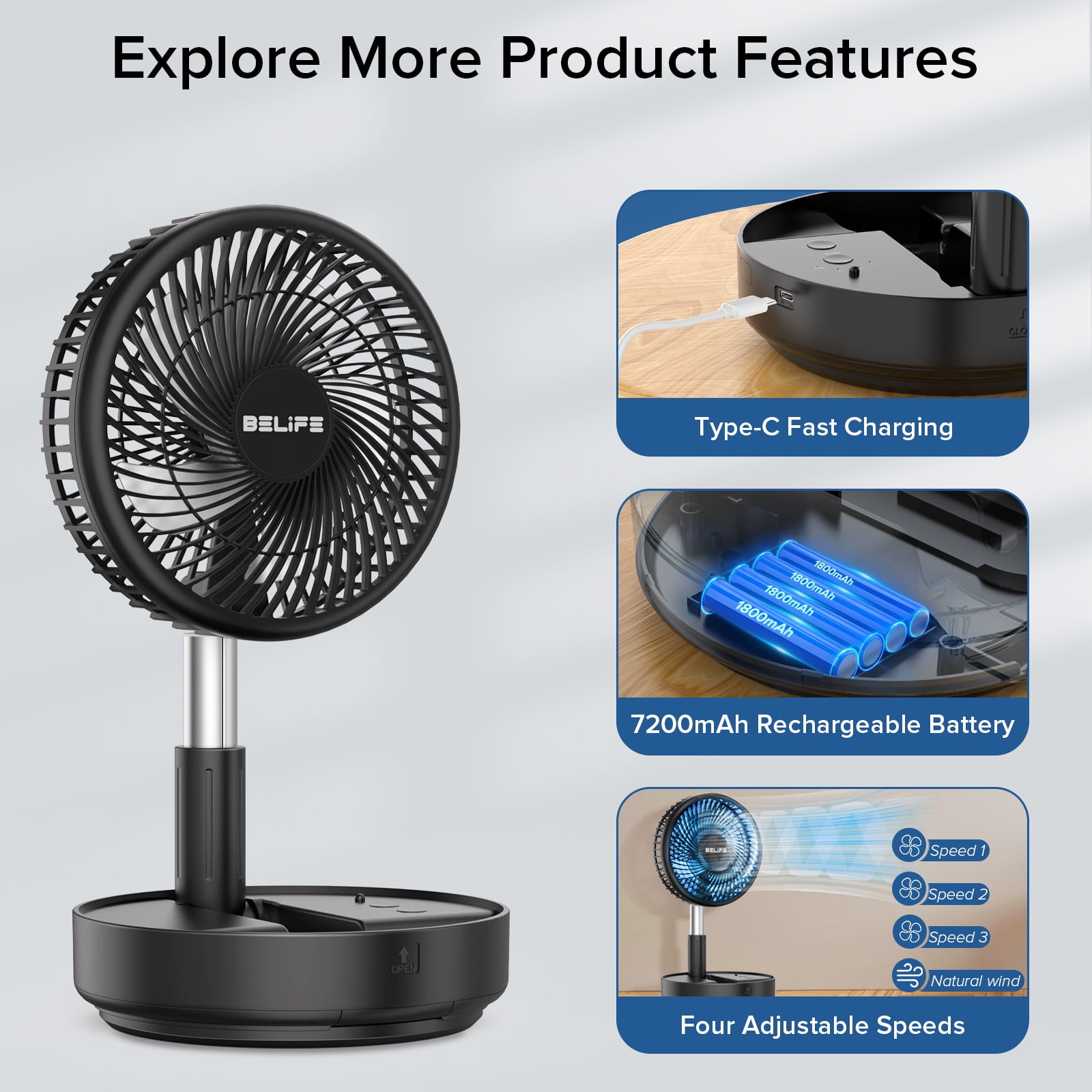 Belife X8 Portable Fan, 7200mAh Battery Powered Fan Rechargeable, Oscillating USB Desk Floor Fan with Remote, Foldable Telescopic Fan for Home Bedroom Sleeping Office Camping Travel, 7.7" (Black)