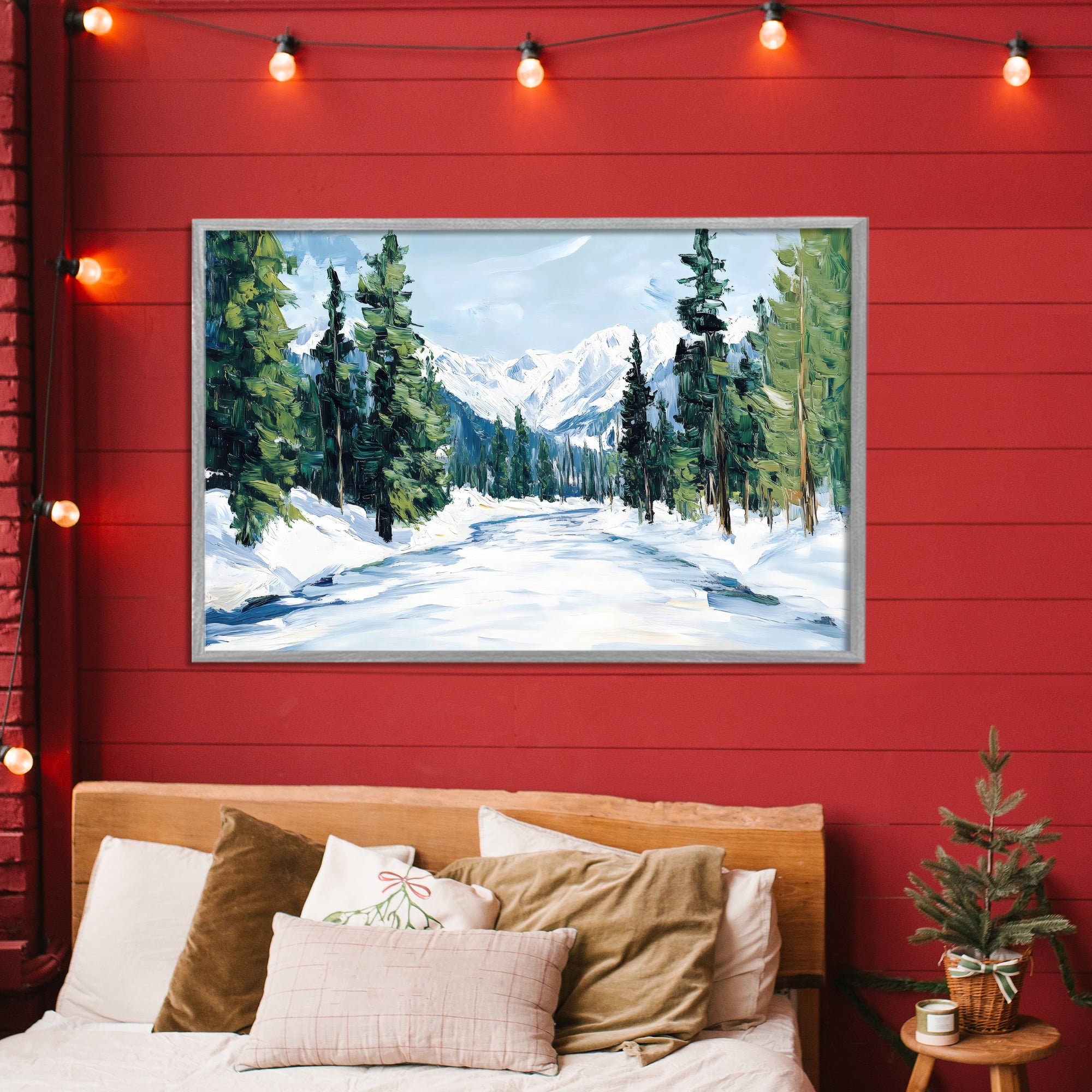 Snowy Tall Tree Pass Gray Framed Giclee Art, design by Petal Prints Design