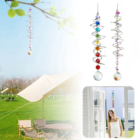 Leatfisat Spiral Rainbow Crystal Garden Ornament Rotating Wind Chime Sun Catcher Outdoor Hanging Decor With Reflective Pendant Design