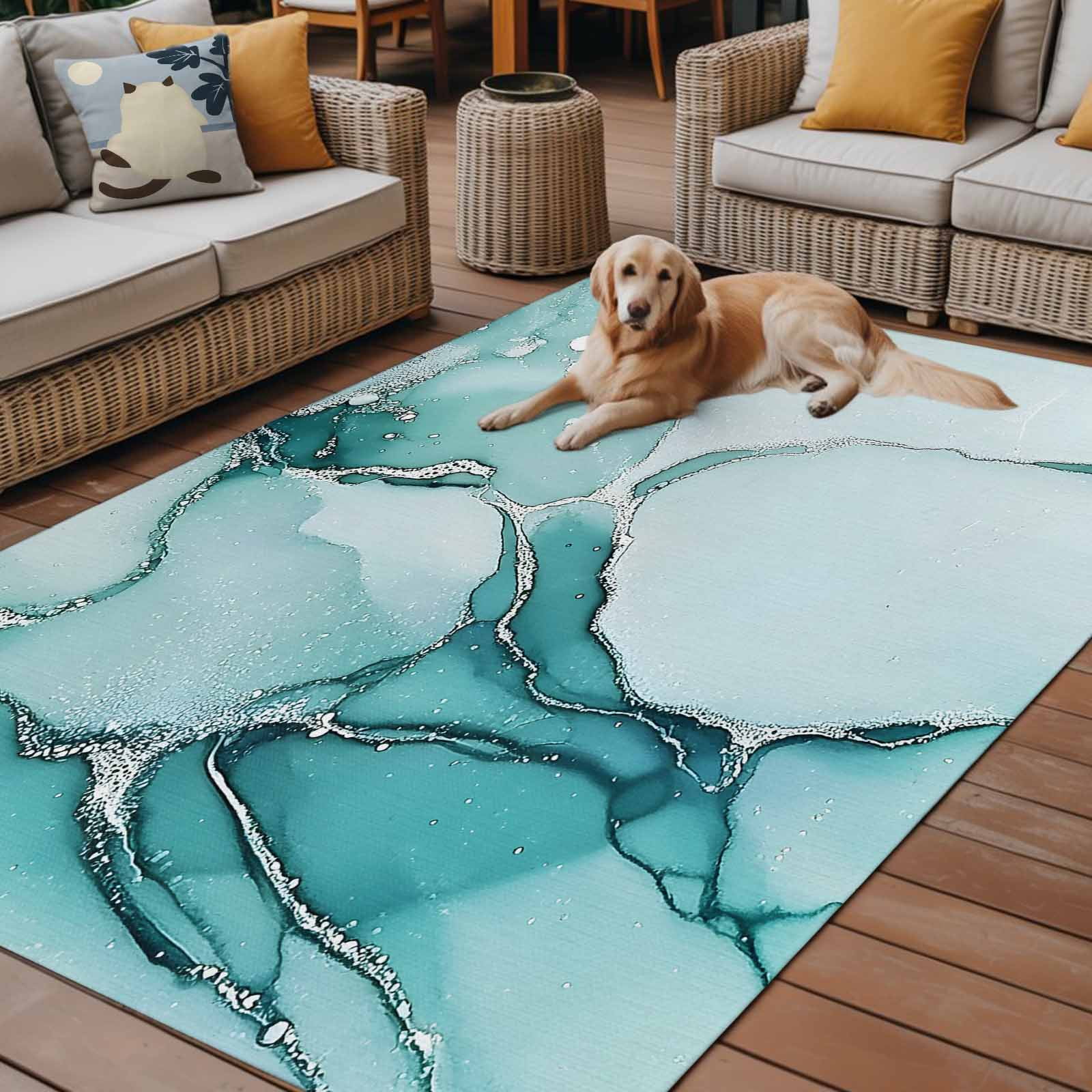 Outdoor Rug 5x8ft Ombre Turquoise White Marble Texture Large Area Rug Abstract Art Indoor Outdoor Carpet Outdoor Rugs Mats for Patio Camping,RV,Front Door, Outside Decor