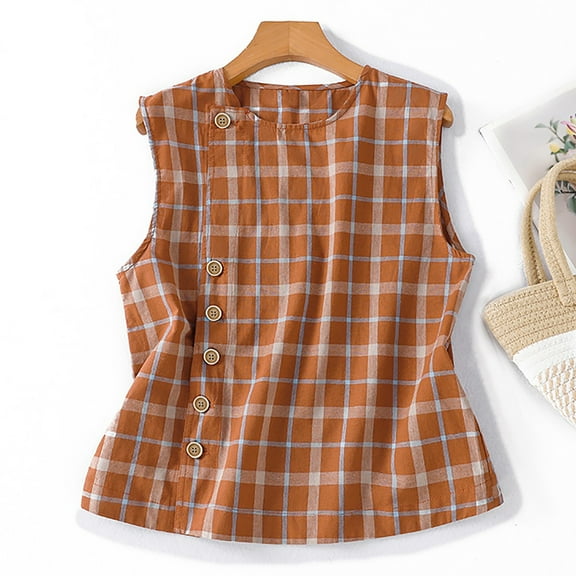HongQid Women's Plaid Tops Casual Sleeveless Button Shirt Crewneck Cotton Linen Vest