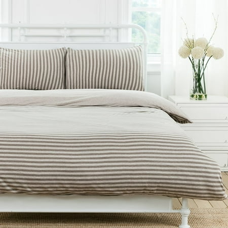 PURE ERA Duvet Cover Set - Ultra Soft Heather Jersey Knit Cotton Home Beddings Stripes Brown 