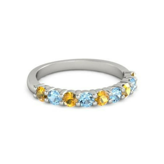 925 Sterling Silver Round 2.50 MM Citrine Blue Topaz Half Eternity Women Ring
