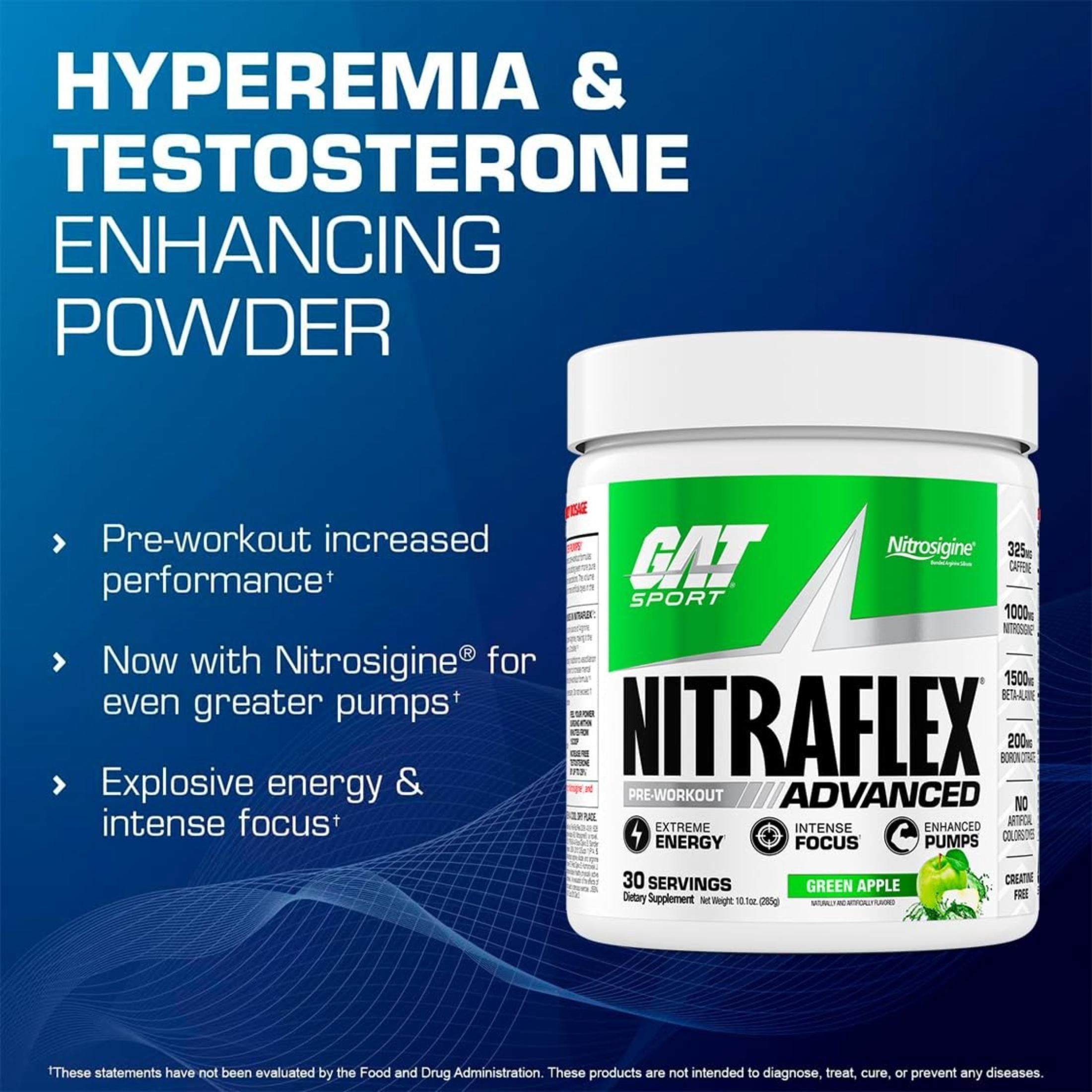 GAT SPORT Nitraflex Advanced Pre-Workout Powder, Increases Blood Flow, Boosts Strength and Energy, Improves Exercise Performance, Creatine-Free (Green Apple, 30 Servings)
