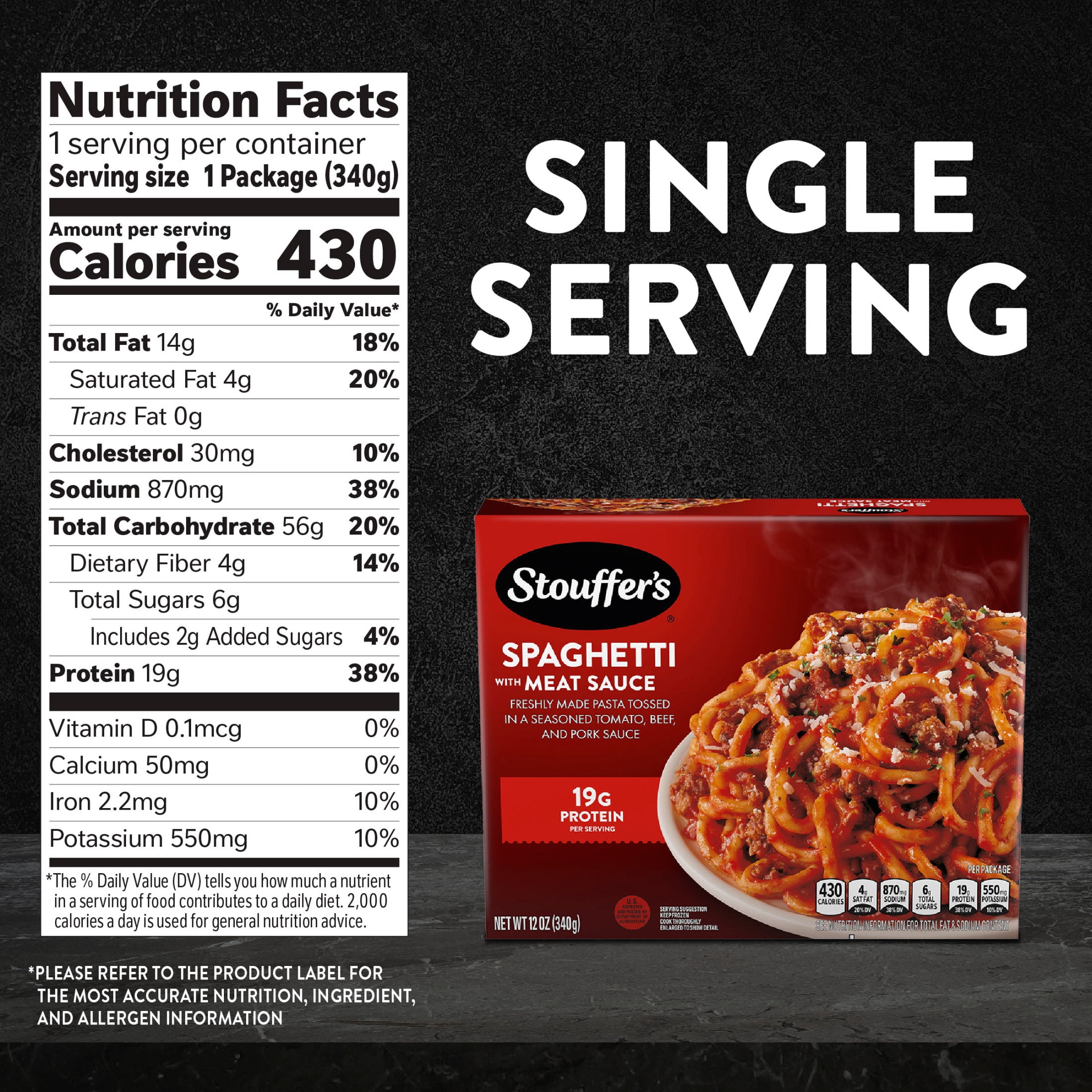 Stouffer’s Spaghetti with Meat Sauce, Single Serve, Frozen Pasta, Single Frozen Meals 12 oz