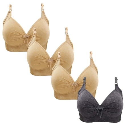 Gnurob Women Push Up Bralette 4 Pack Wireless Padded Bra with Straps Seamless Lace Brassiere Plus Size Bralettes Soft Breathable Underwear Everyday Bras Clearance Saving B03-Beige Large