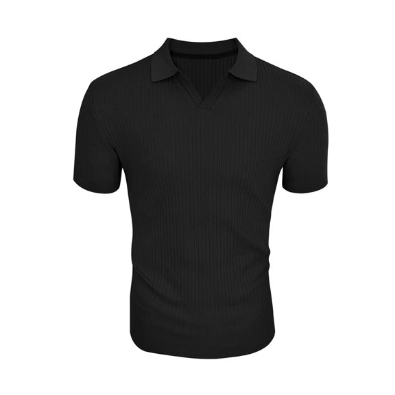 Men'S Collared Muscle Shirts Slim Fit Short Sleeve V Neck T Shirts Men Ribbed Golf Shirt Casual Black XXXL