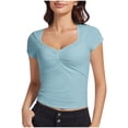 thumbnail image 3 of Htigea Womens Front V-Neck Blouse T Shirt Short Sleeve Tunic Tops Summer Solid Pullover Tees Light Blue,M, 3 of 3