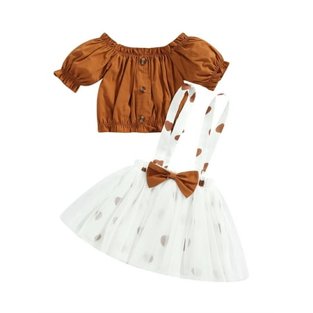 

aturustex Toddler Girl Outfits Set Ruffle Trim Short Sleeve Plain Off Shoulder Tops + Bowknot Suspender Love-heart Printed Mesh Skirt
