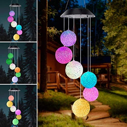 LED Solar Crystal Ball Wind Chime Lights Color Changing Garden Hanging Decor 