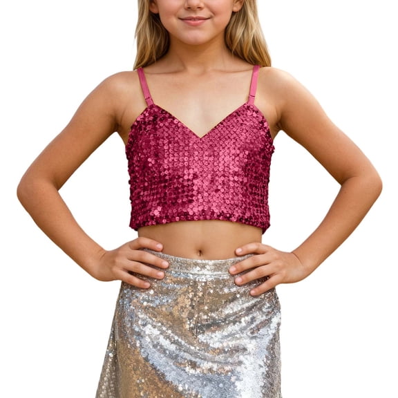 Daznico The Girls' Carnival Adjustable Elastic Band Sequined Top Exposes The Navel for Children,Mardi Gras Clothing,M