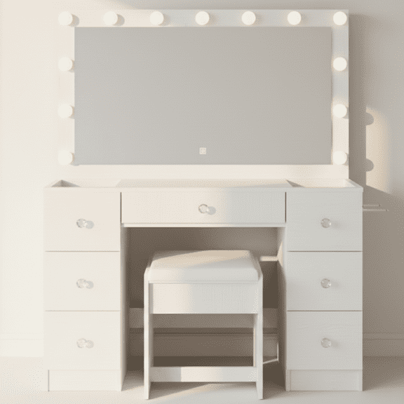 Chantal Pro Modern Vanity Set 9 Drawers Cabinet Mirror Crystal Ball Knobs White Painted for Bedroom