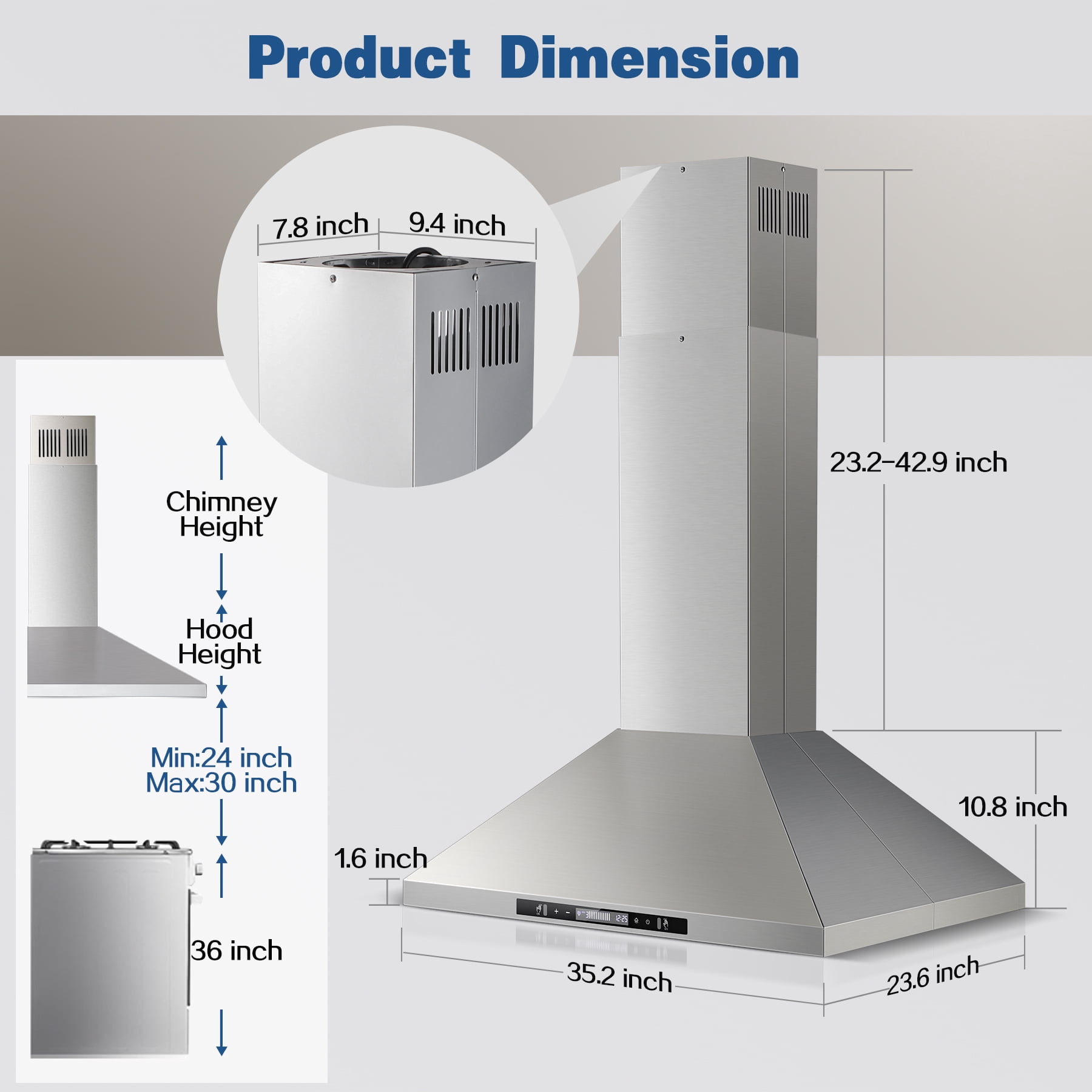 36" Island Range Hood 700CFM Stainless Steel w/Gesture Control & LED Lights
