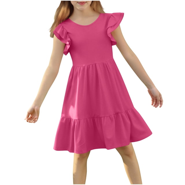 Cinvopg Robes pour Filles Été Décontracté Mignon Robe Fluide à Volants Manches Courtes Robes Évasées Unies