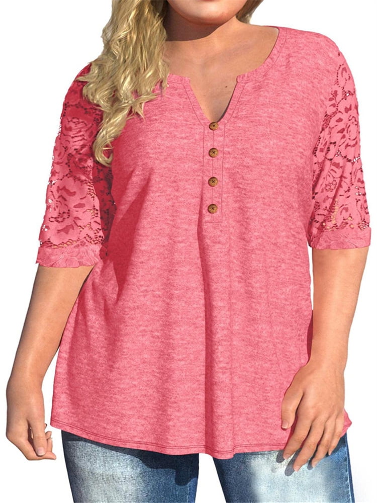 Langwyqu Half Sleeve Lace Patchwork Plus Size Women Button Henley Blouse