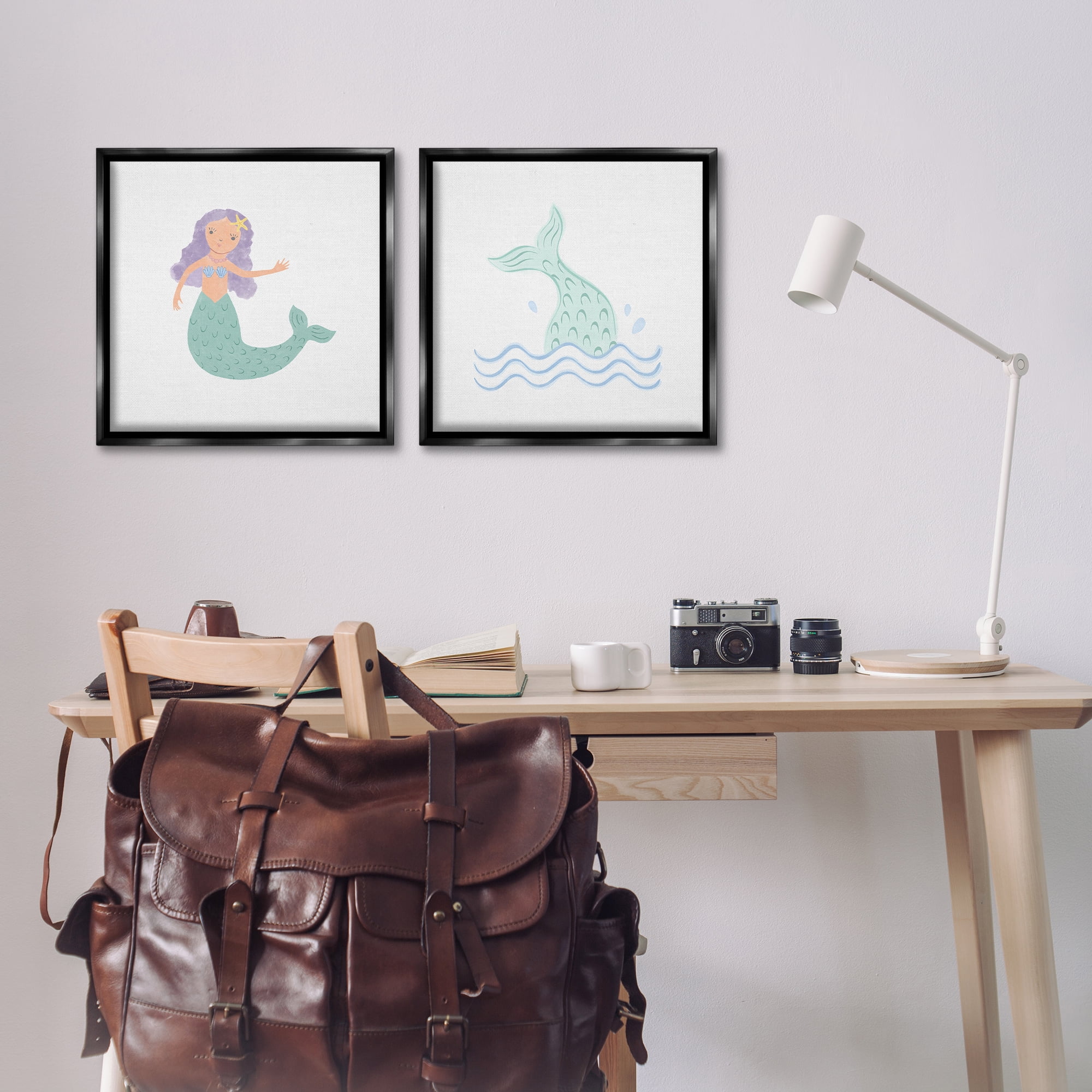 Stupell Industries Ocean Mermaid Splash Fantasy & Sci-Fi Painting Black Floater Framed Canvas Art Print Wall Art, 18 x 18, Set of 2