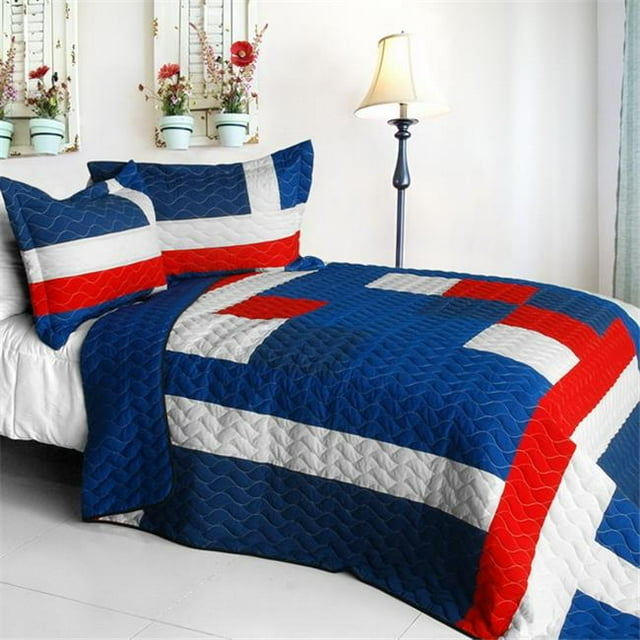 ONITIVA-QTS01228-23 Navy - Vermicelli-Quilted Patchwork Geometric Quilt Set Full & Queen Size - Blue