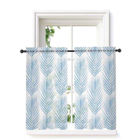 Blue Palm Leaves Tier Curtains 45 Inch Length,Sheer Curtains for Bedroom Living Room Summer Jungle Tropical Tree Coastal Plants Short Kitchen Curtains Drapes for Small Half Window 27.5"x45" 2 Panels