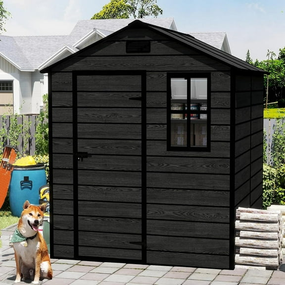 6 x 6 FT Resin Storage Shed - Outdoor Garden Storage Shed, Heavy-Duty, Waterproof UV-Resistant Tool Shed, Large Plastic Garden Sheds with Window & Lockable Door for Tool, Bike,Garbage and More,Black