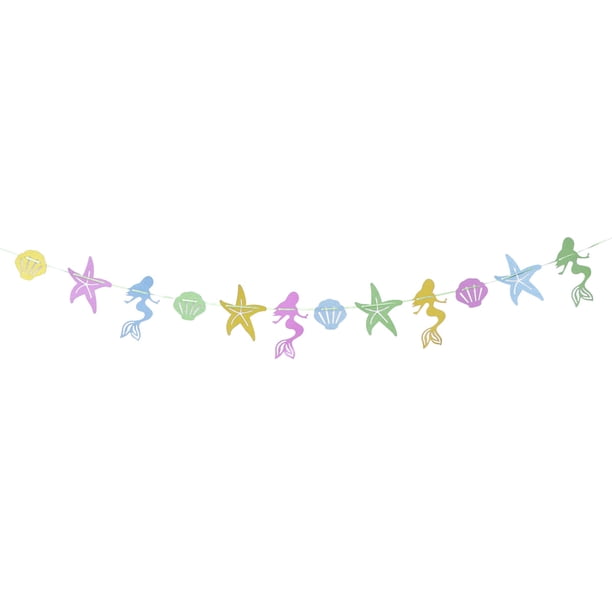 KAKOWELY Banderín de fiesta con brillantina, diseño de sirena, estrella de mar, concha, banderines colgantes, guirnalda, suministros de decoración para fiesta de cumpleaños
