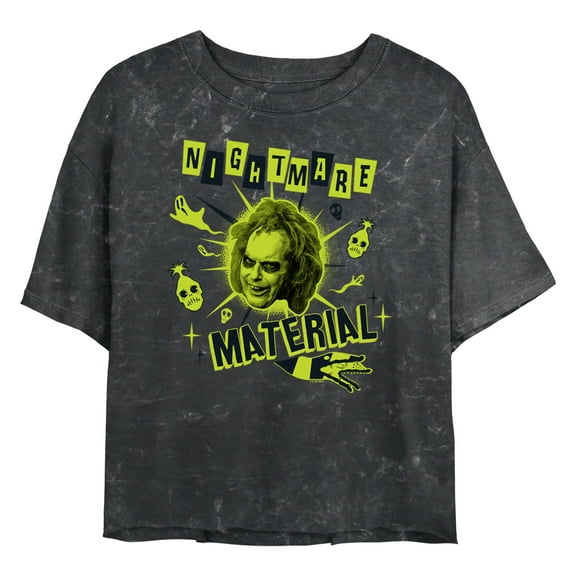 Junior's Beetlejuice Beetlejuice Nightmare Material Quote Icons Graphic Crop T-Shirt