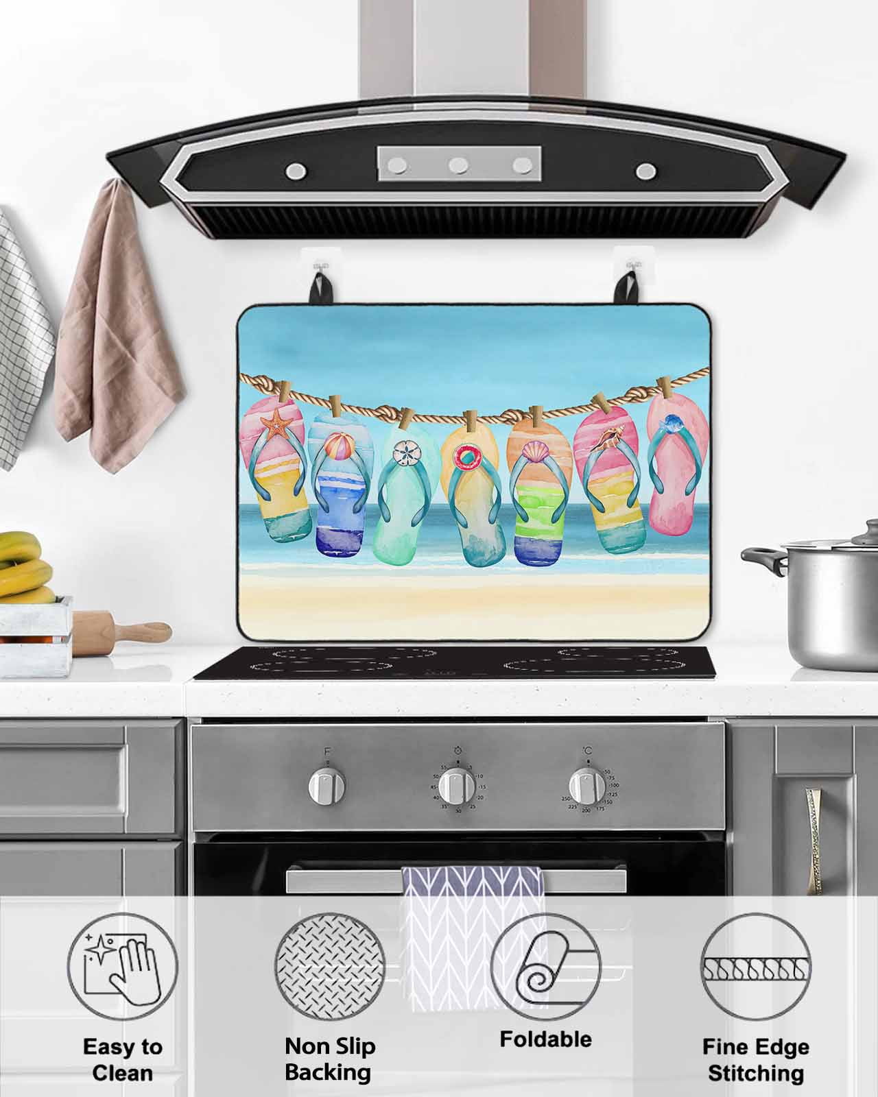 nqOlkjepod Large Induction Cooktop Protector Mat 24"x21", Beach Slippers Stove Top Covers for Electric Stove, Blue Summer Ocean Coastal Shell Stove Burner Cover Mats, Glass Top Stove Cover