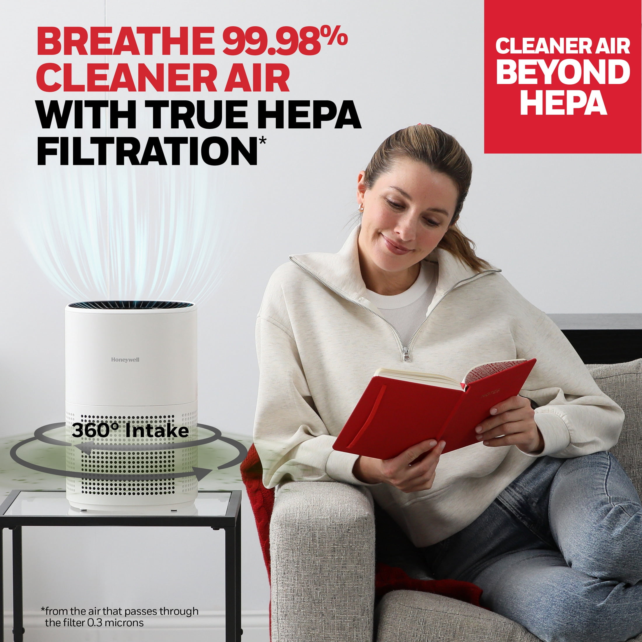 Honeywell Allergen Plus 818 Sq. Ft 4-in-1 HEPA Air Purifier, White, Pet Dander, Smoke & Odor Reducer