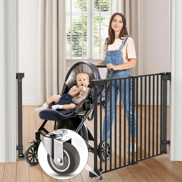 FURTIME 29-43.3" Sliding Baby/Dog Gate, No Bottom Bar Baby Gate for Doorways, Extra-Wide Walk Thru Door with Bottom Rubber Wheels, Hardware Mounted Pet Gate Safety Gate for Stairs, Bl