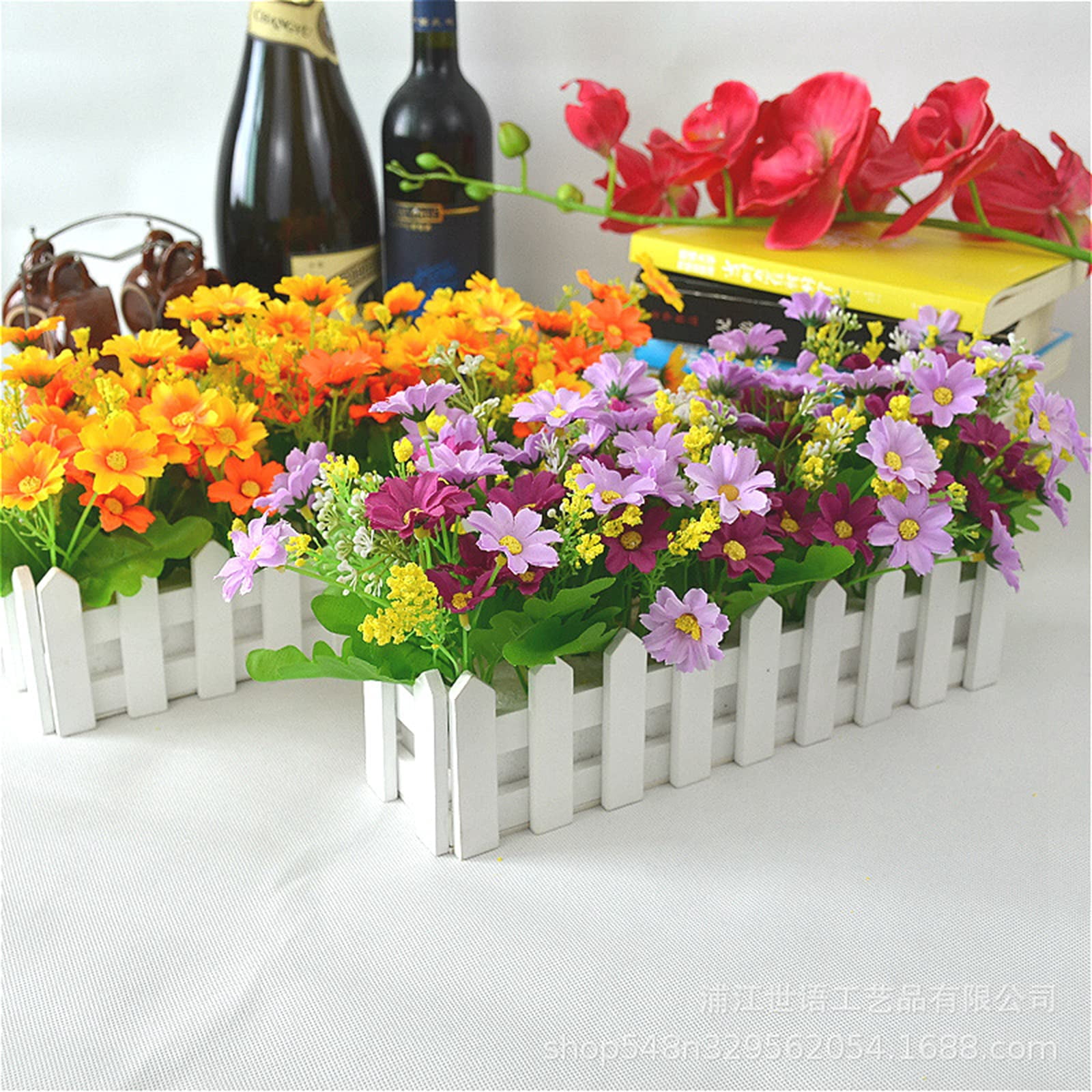 Artificial Flowers in Picket Fence Pot - Fake Mixed Color Jumping Orchid Plants - Mini Potted Plant