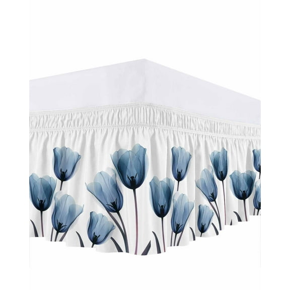 Blue Tulip Bed Skirt Minimalist Modern Flower Plant Art Bed Skirts King Size 18 Inch Drop, Wrap Around Dust Ruffle Bedskirt with Adjustable Elastic Belt for Queen Size Beds