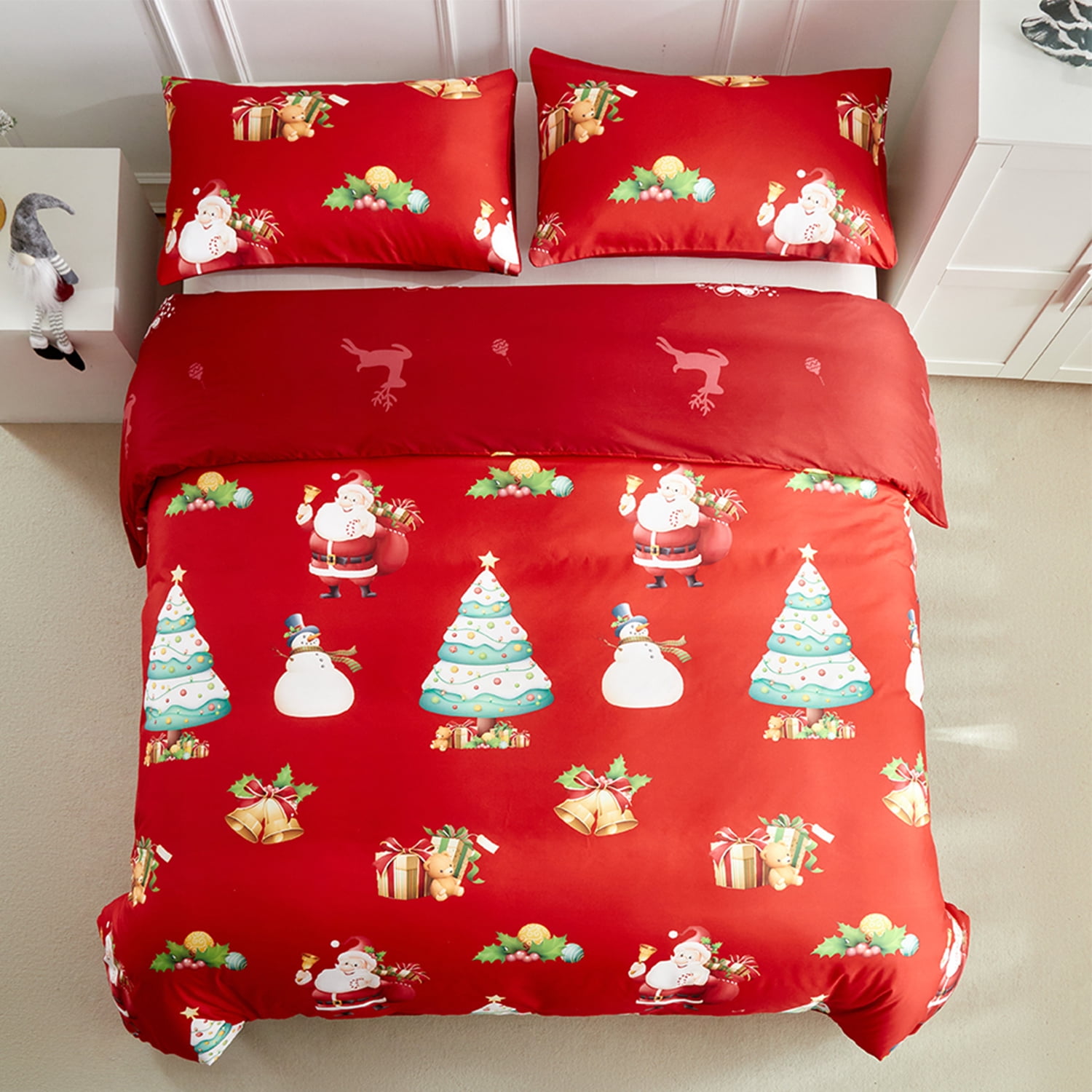 PERFEMET Merry Christmas Comforter Set 3Pcs Twin Size Red Santa Claus Elk Bedding Set for Boys Girls Xmas Tree Bell Bed Set for Christmas Decor 100% Soft Microfiber Quilt Set (Santa Claus, Twin)