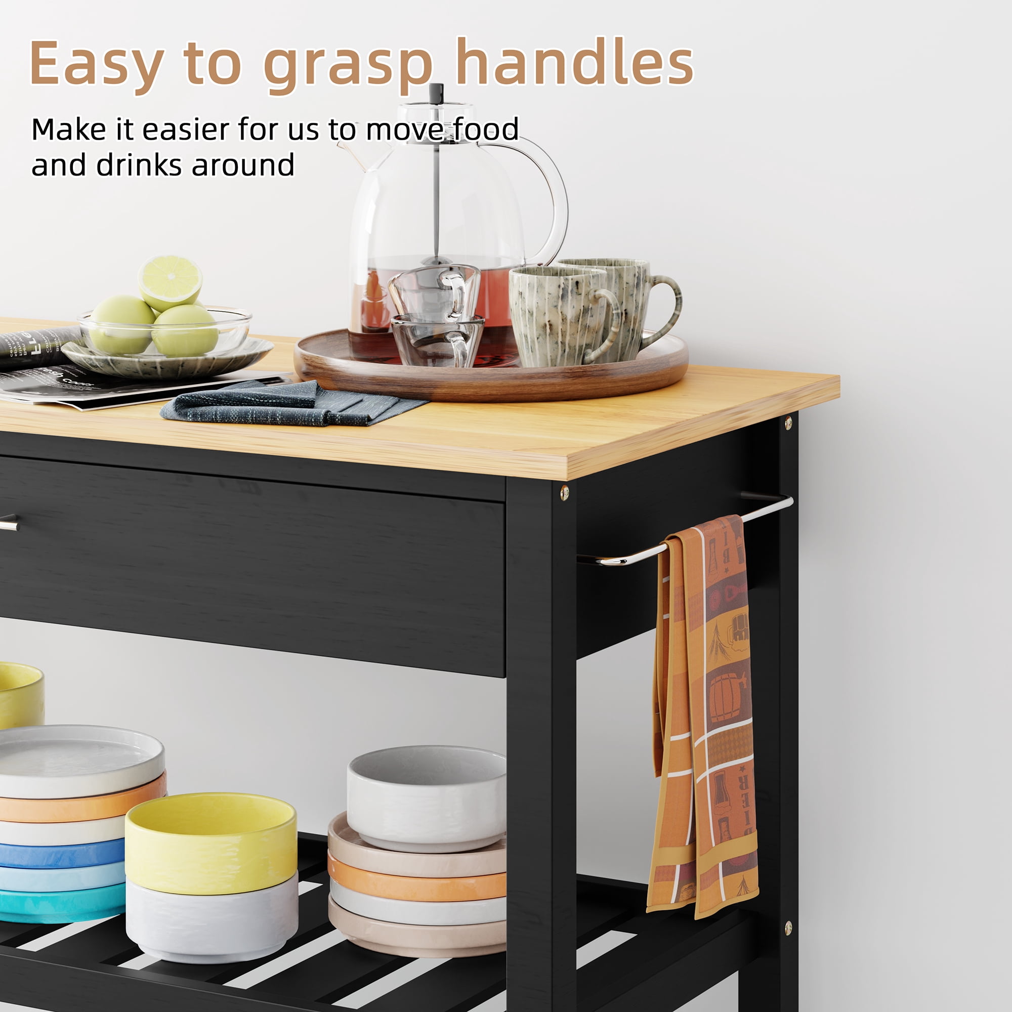 Kitchen Island Cart with Storage,Rolling Kitchen Island Side Table on Wheels with Large Worktop,Storage Cabinet,Towel Rack,Drawers and Open Shelves for Kitchen,Dinning Room,Black