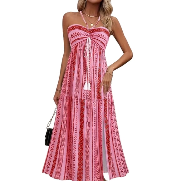 Women'S Bohemian Style Fashion Printed Halter Neck High Waist Long Maxi Dress Pink L
