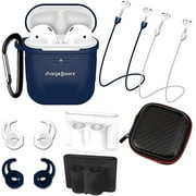 Chargeworx AirPods Case Cover Bundle for 1st & 2nd Gen AirPods, 9pc Set Includes Silicone Case Cover, 2pc Watchband Holders, 2pc Pairs Earhooks, 2pc AirPods Neckstrap Holders, Carabiner (Blue)
