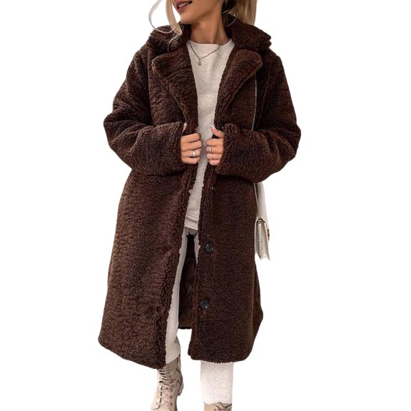 Winter Women Jacket Thick Fleece Turn-down Collar Long Sleeves Button-down Solid Color Mid Length Heat Retention Outdoor Coat