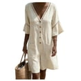 thumbnail image 2 of Gamivast Rompers for Women Linen Button Down V Neck Short Sleeve with Pockets Lightweightloose Fit Knee Length Romper Elastic Waist Vacation Beach Resort Summer Wear Beige S, 2 of 8