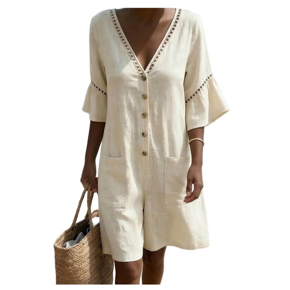 Women's Jumpsuit 2026 Summer Casual Plus Size Solid V-Neck Short Sleeve Beach Vacation Pockets Button Short Jumpsuit