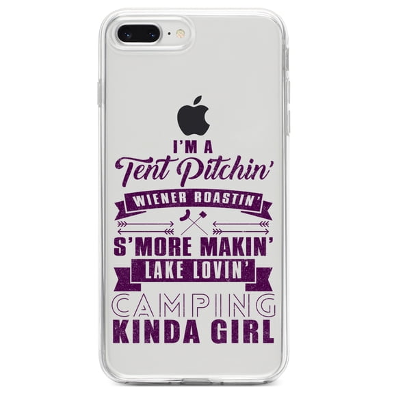 DistinctInk Clear Shockproof Hybrid Case for iPhone 7 PLUS / 8 PLUS (5.5" Screen) TPU Bumper Acrylic Back Tempered Glass Screen Protector - Tent Pitchin Weiner Roastin S'More Camping Girl