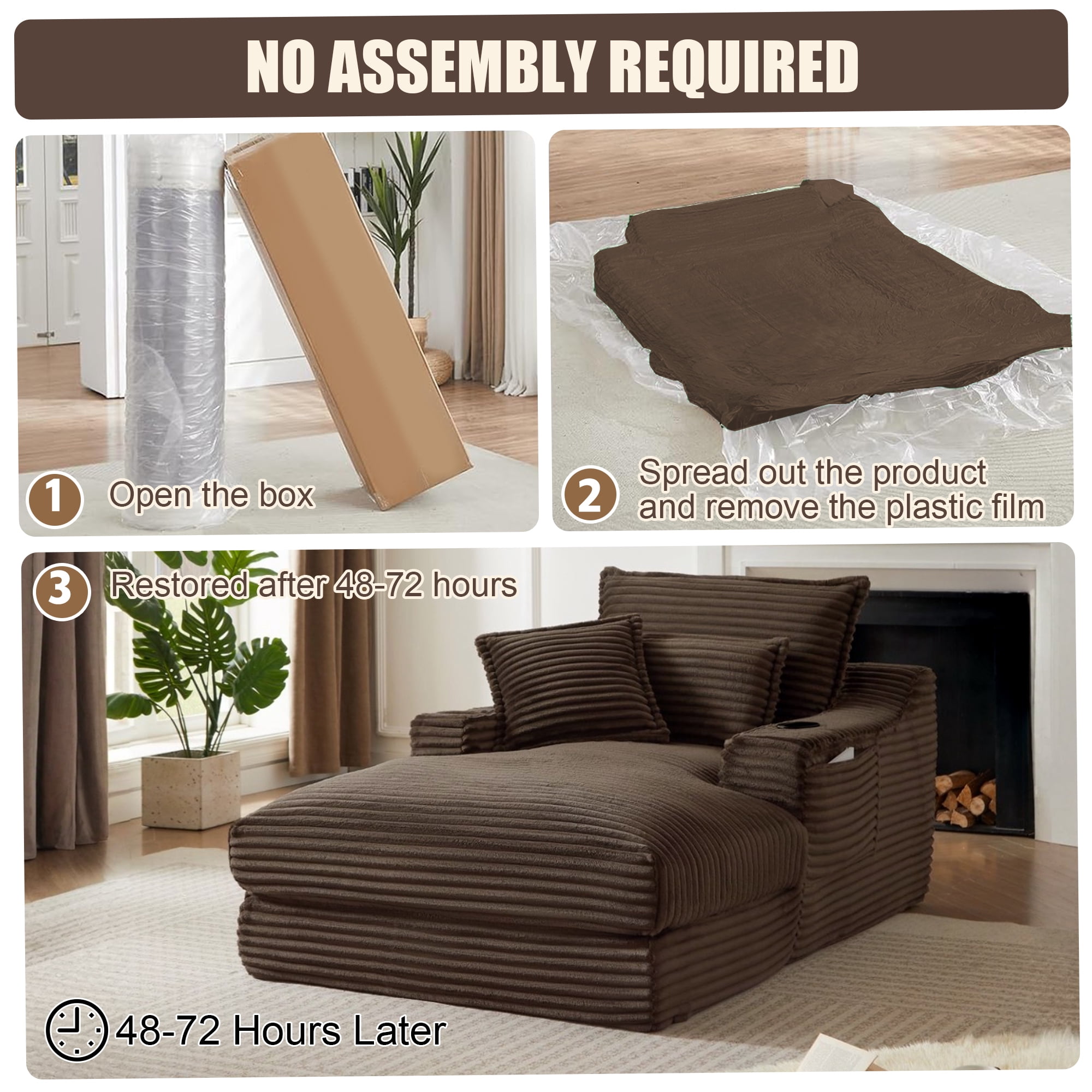 Kosynda 68"D Oversized Chaise Lounge Chair Indoor with Storage, Corduroy Upholstered Boneless Sleeper Sofa Bed with Cup Holder for Living Room, Bedroom, Brown