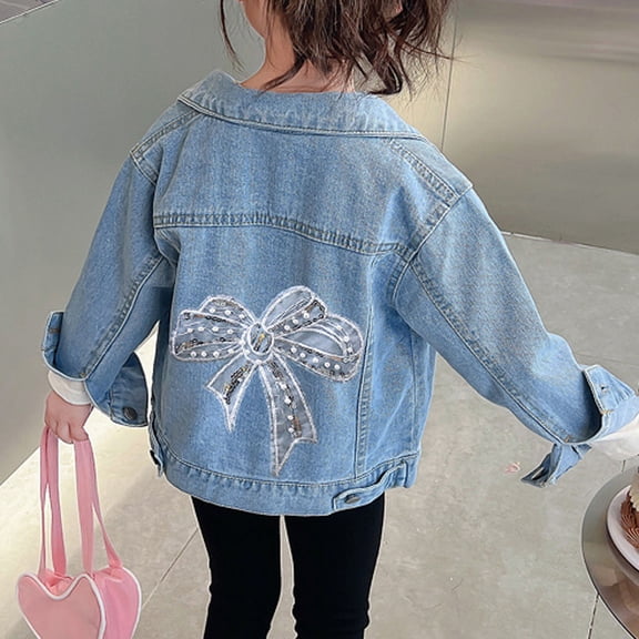 VOUZZA Big Girls Denim Jacket Oversized Casual Drop Shoulder Blue Jean Coat with Giant Bow Back Outerwear 4-14Y