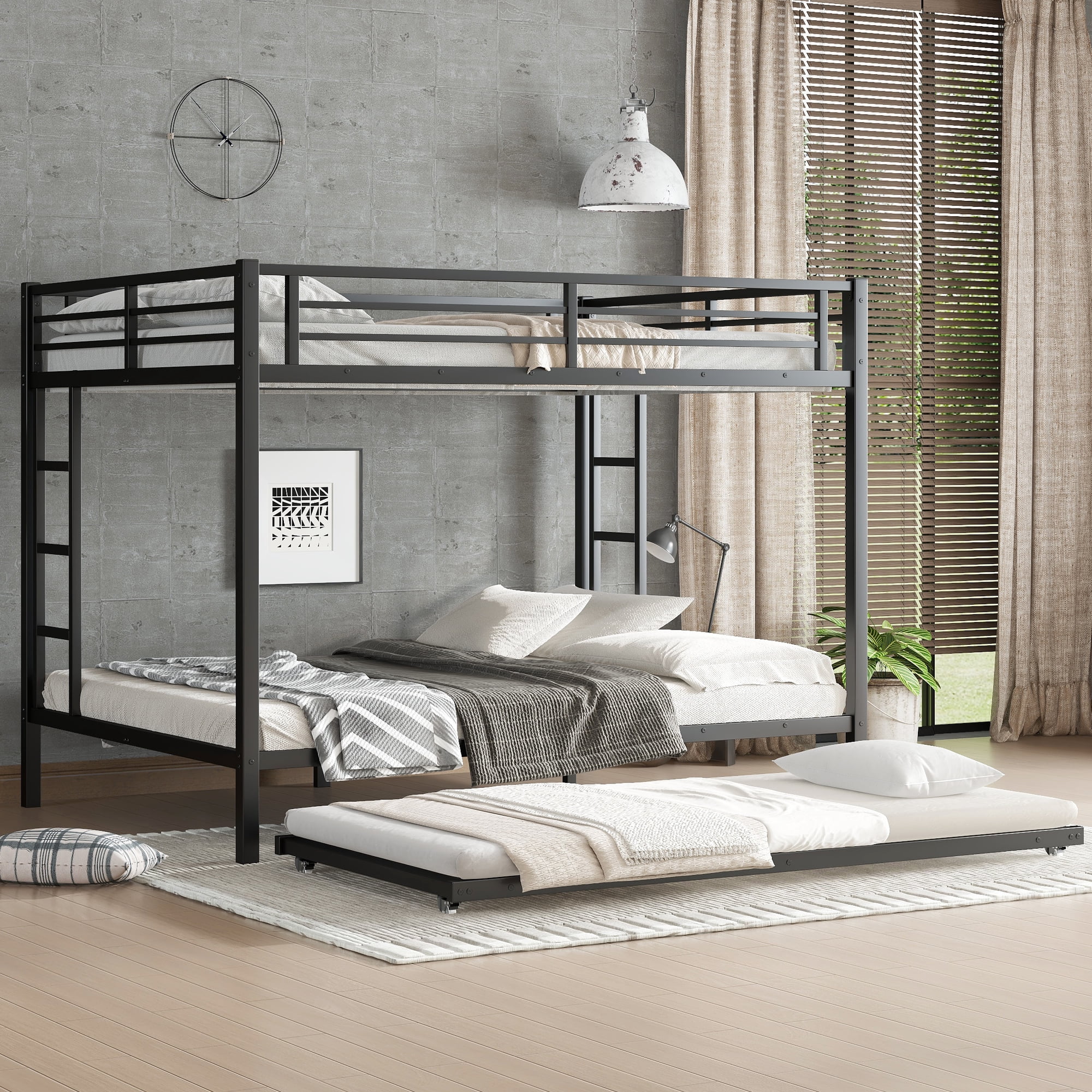 Leumius Queen over Queen Bunk Bed with Twin Size Trundle, Metal Bunk Bed for Kids and Teens, Black