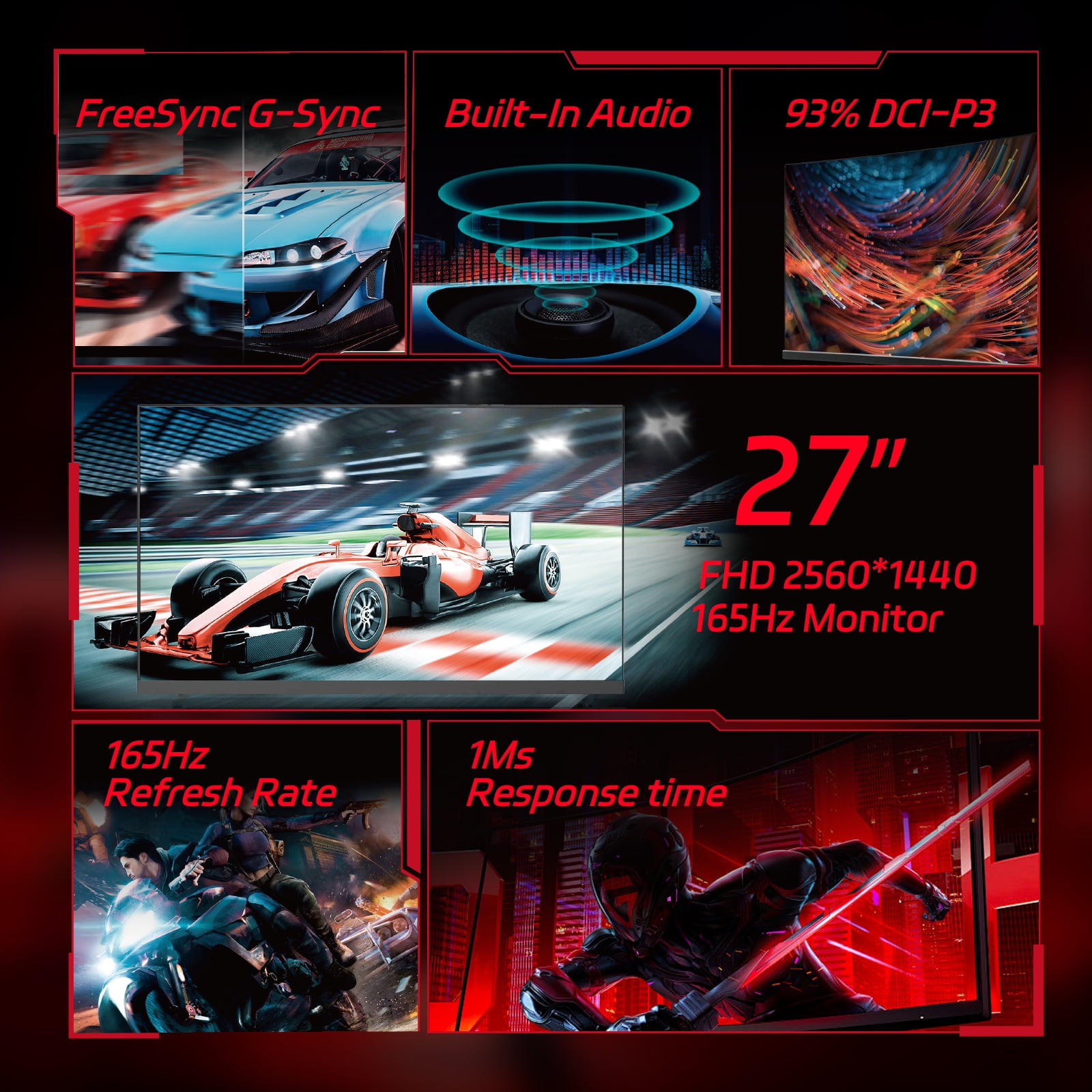 REHISK 27-inch 165Hz Curved Gaming Monitor, Ultra Wide 16:9 1440p PC Monitor for Laptop with 2*Speakers, 1ms AMD, QHD2K(2560 x 1440p) HDR Computer Monitor Support HDMI&DP, Metal Black