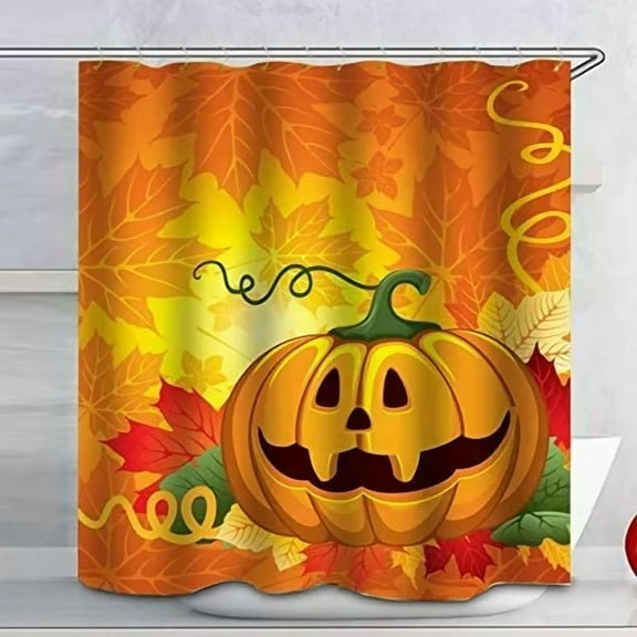 Halloween Pumpkin Fabric Shower Curtain Set-Watrproof Bath Decor With 12 Hooks