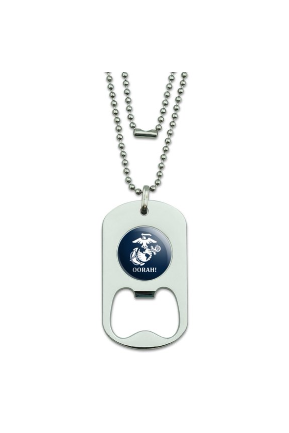 Oorah! Marine Corps USMC White on Blue Officially Licensed Military Dog Tag Bottle Opener Pendant