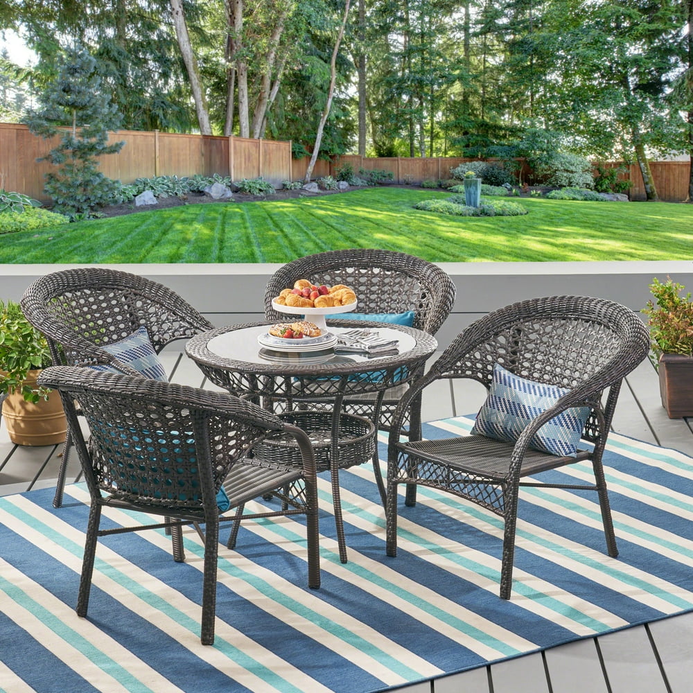 Figaro Outdoor 5 Piece Wicker Dining Set with Tempered Glass Table Top